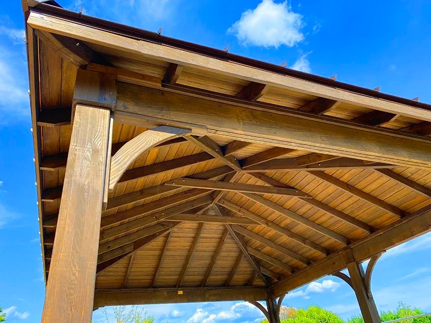 Creative Gazebos Keystone Wood Pavilion: Keystone pavilion, eave and roof-framing detail. Manufacturer example; size, finish and optional features vary.