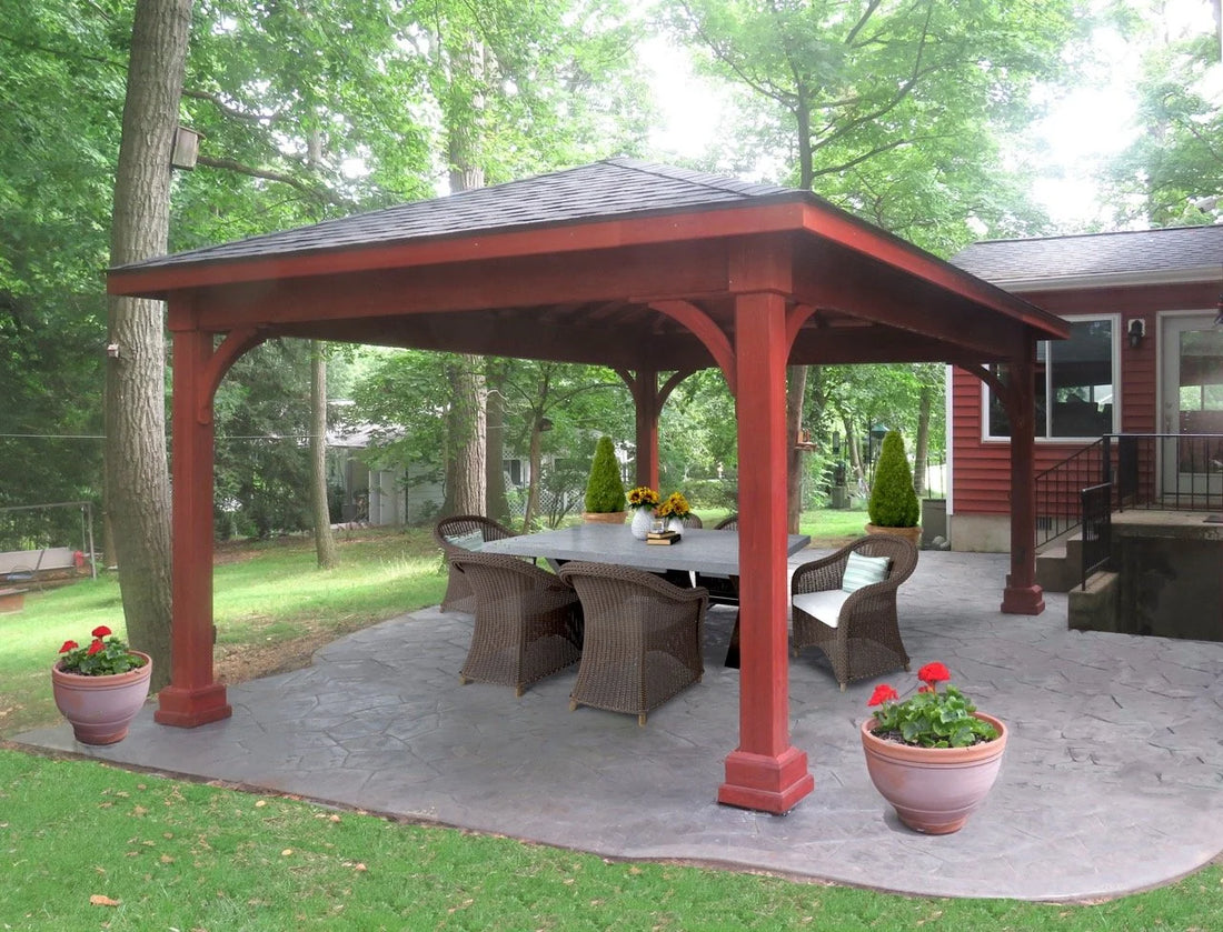 Creative Gazebos Keystone Wood Pavilion: 16x20 Keystone with (4) 7″ Posts, Mahogany Stain. Manufacturer example; size, finish and optional features vary.