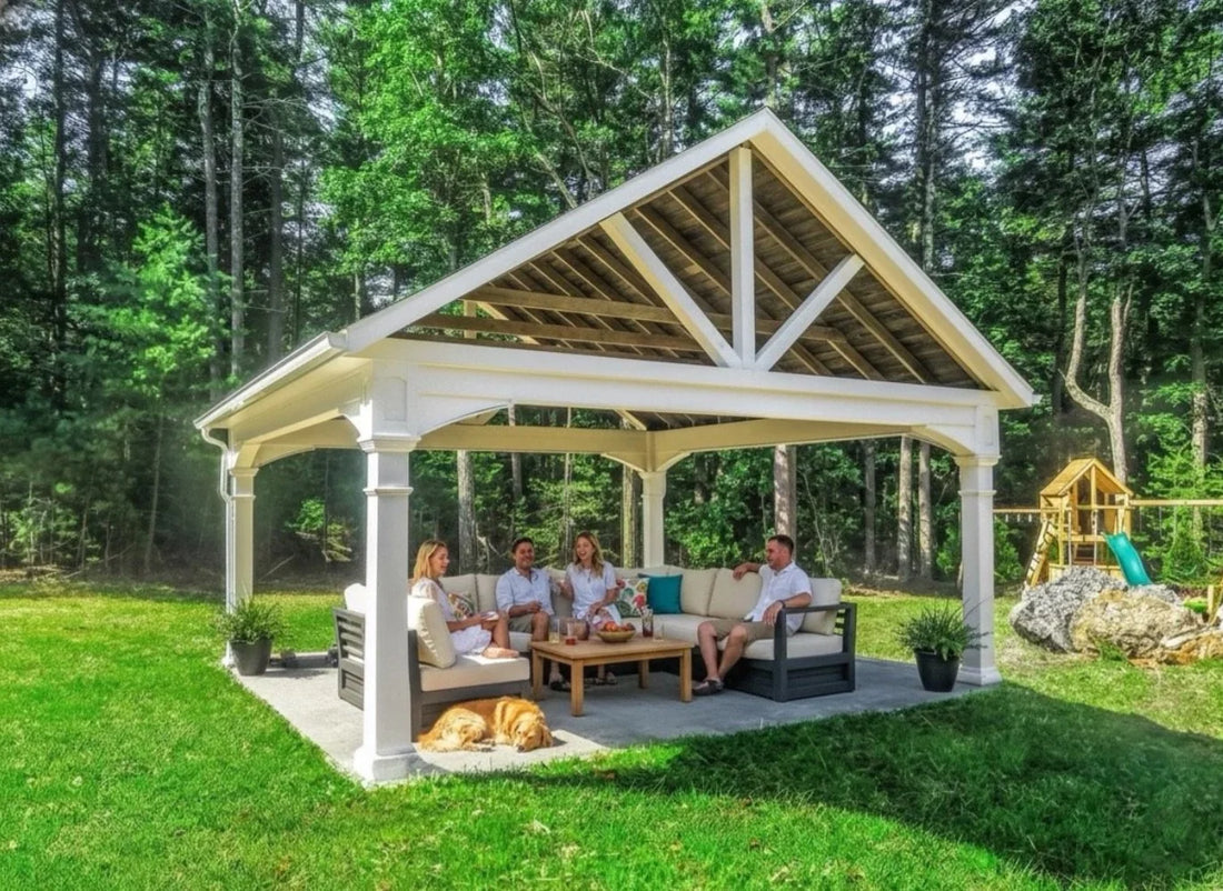 Creative Gazebos Manor A-Frame Vinyl Pavilion: 20x20 Manor A-Frame Pavilion with (4) 8″ Posts & Cathedral Roof. Manufacturer example; size, finish and optional features vary.