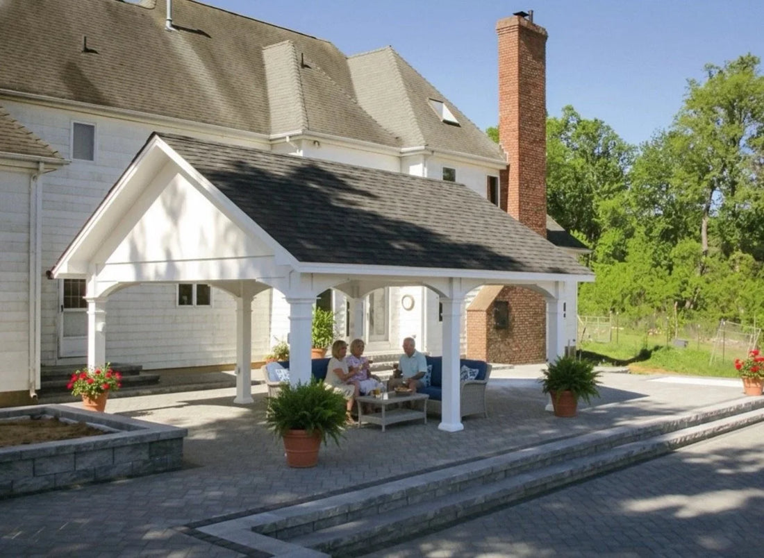 Creative Gazebos Manor A-Frame Vinyl Pavilion: 18x22 Manor A-Frame Pavilion with (6) 8″ Posts and Enclosed Gable Ends. Manufacturer example; size, finish and optional features vary.