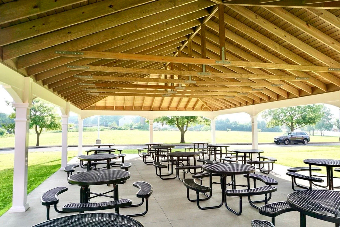 Creative Gazebos Manor Vinyl Pavilion: Interior roof 30x50 Manor Pavilion with ten 8″ posts. Manufacturer example; size, finish and optional features vary.