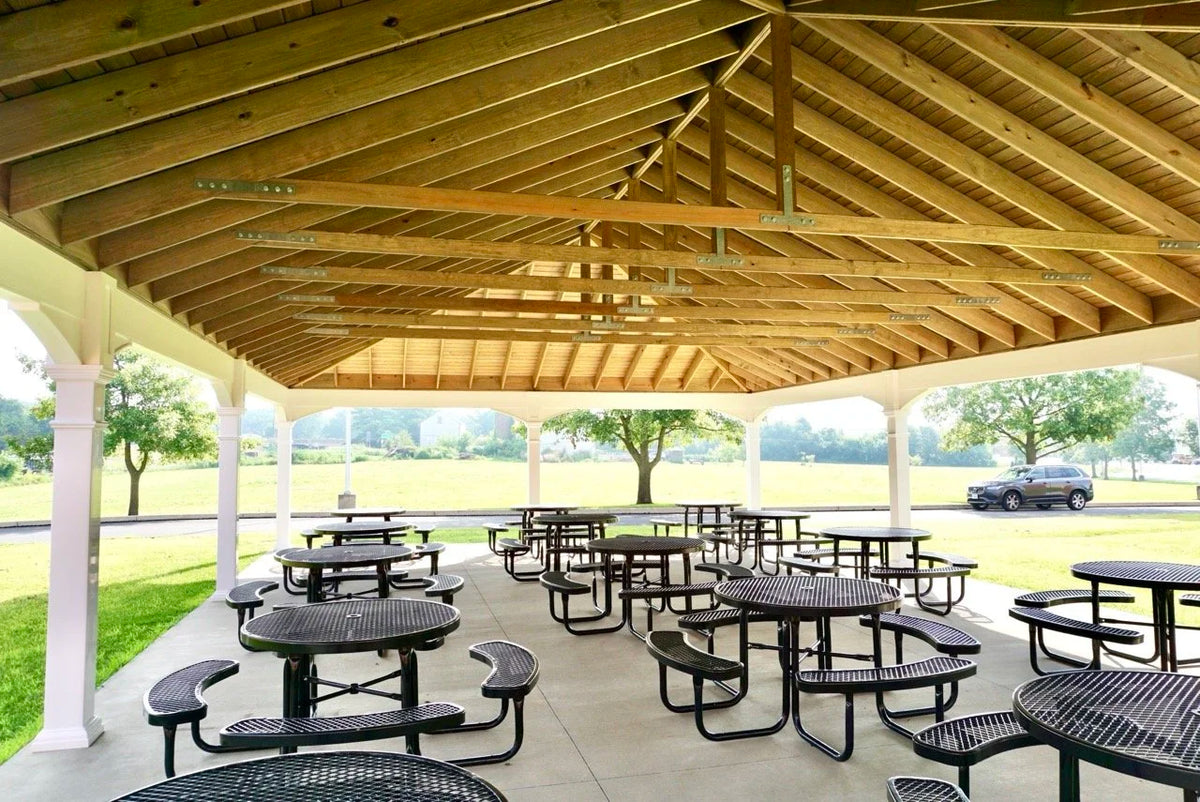 Creative Gazebos Manor Vinyl Pavilion: Interior / roof 30x50 Manor Pavilion w/ten 8" posts. Manufacturer family example; size, finishes and optional features vary.