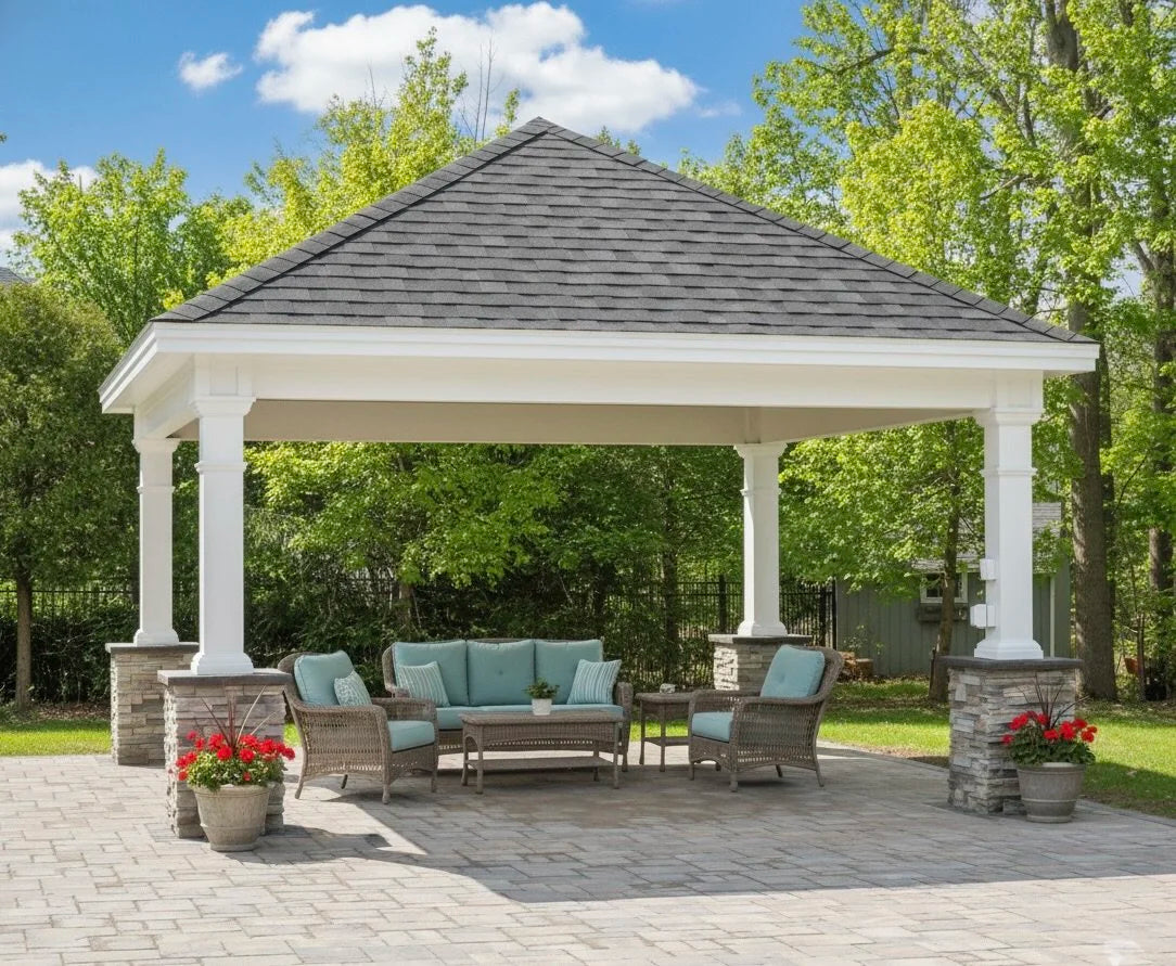 Creative Gazebos Newport Pavilion: 20x20 Newport Pavilion w/stone pillars. Manufacturer family example; size, finishes and optional features vary.