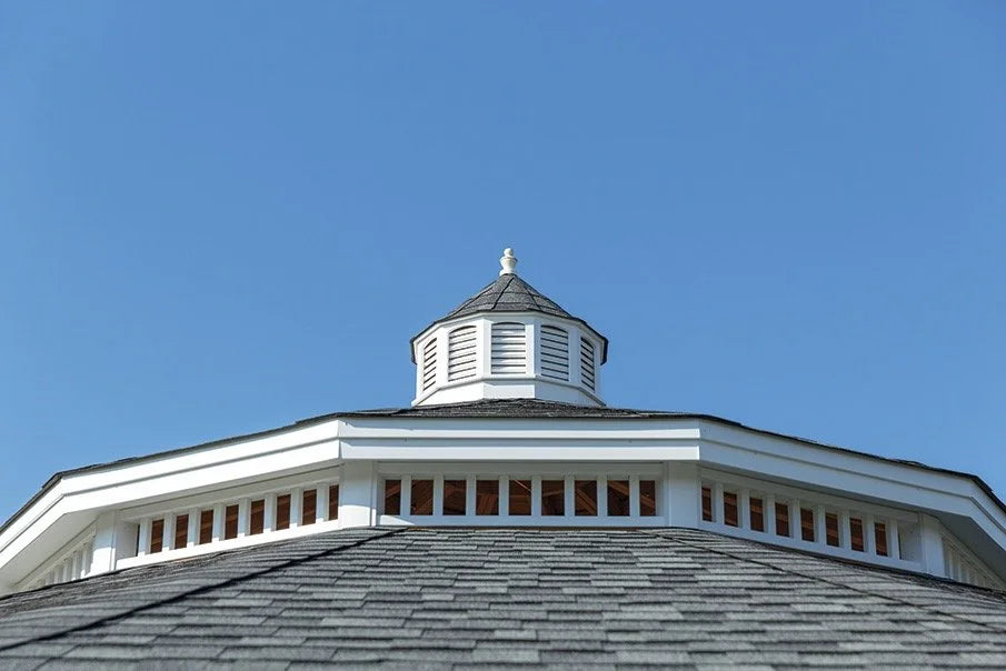 Creative Gazebos Victorian Dodecagon Vinyl Gazebo: Victorian dodecagon, upper-roof and cupola detail. Manufacturer example; size, finish and optional features vary.