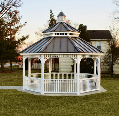 Creative Gazebos Victorian Octagon Vinyl Gazebo: 18' Vinyl Octagon Gazebo - Victorian w/SS Roof. Manufacturer family example; size, finishes and optional features vary.