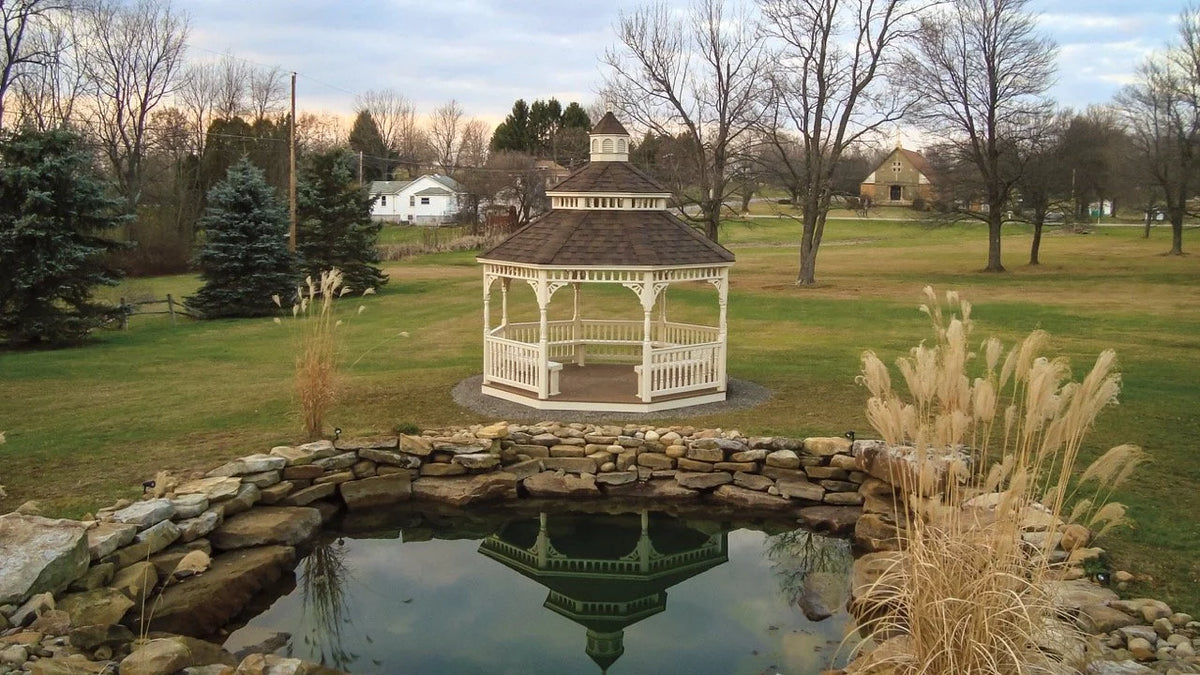 Creative Gazebos Victorian Octagon Vinyl Gazebo: 18' Vinyl Octagon Gazebo - Victorian. Manufacturer family example; size, finishes and optional features vary.
