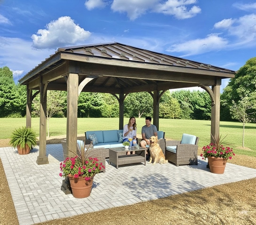 16x20 Keystone Hip Pavilion w/Cinder Stain & Dark Bronze Standing Seam Metal Roof — official manufacturer example