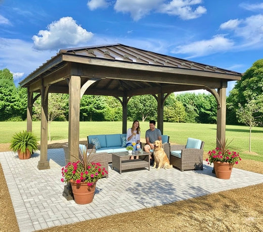 16x20 Keystone Hip Pavilion w/Cinder Stain & Dark Bronze Standing Seam Metal Roof — official manufacturer example