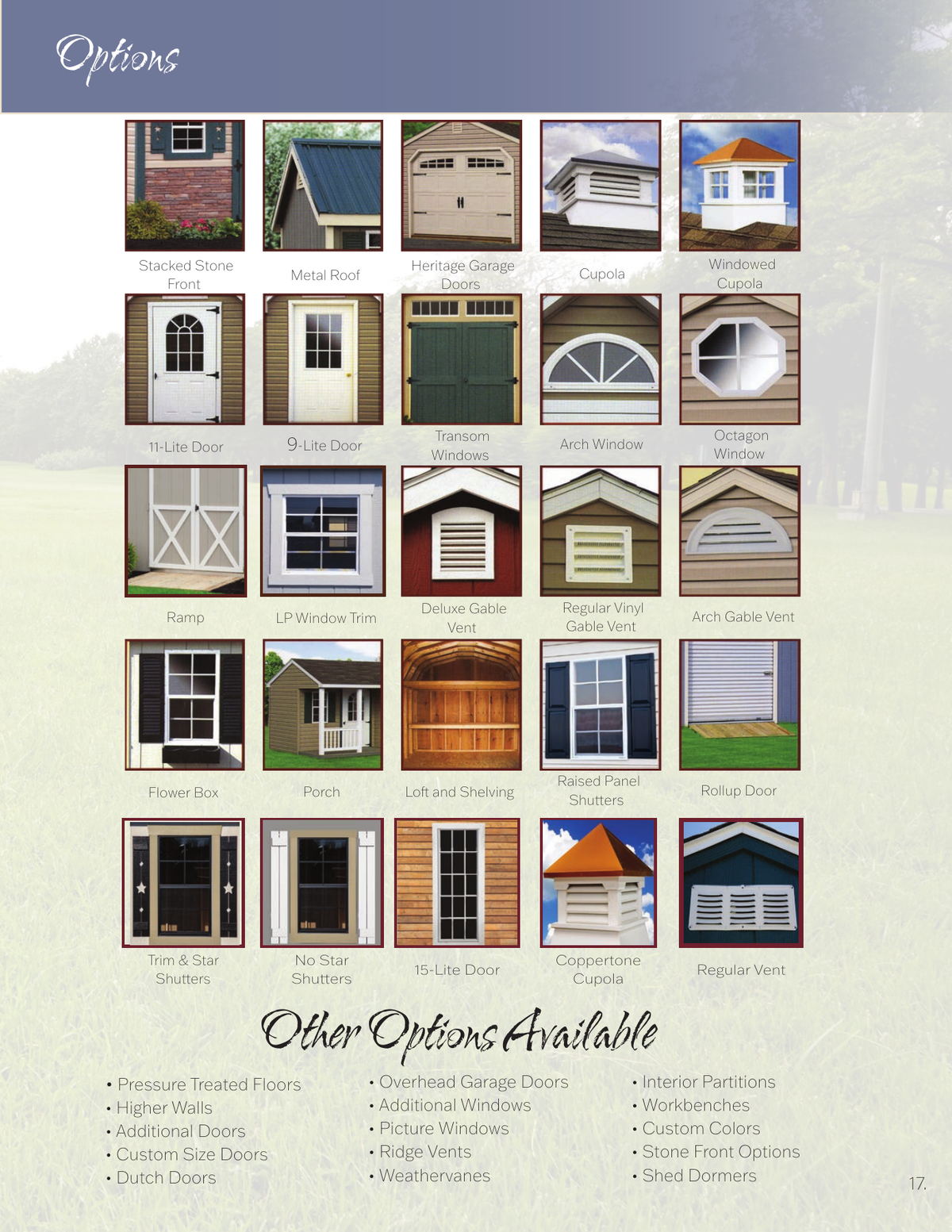 G-C Sheds optional-feature reference: doors, windows, vents, ramps, lofts and shelving. Optional upgrades are not included unless expressly listed and quoted.