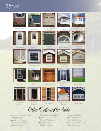 G-C Sheds optional-feature reference: doors, windows, vents, ramps, lofts and shelving. Optional upgrades are not included unless expressly listed and quoted.