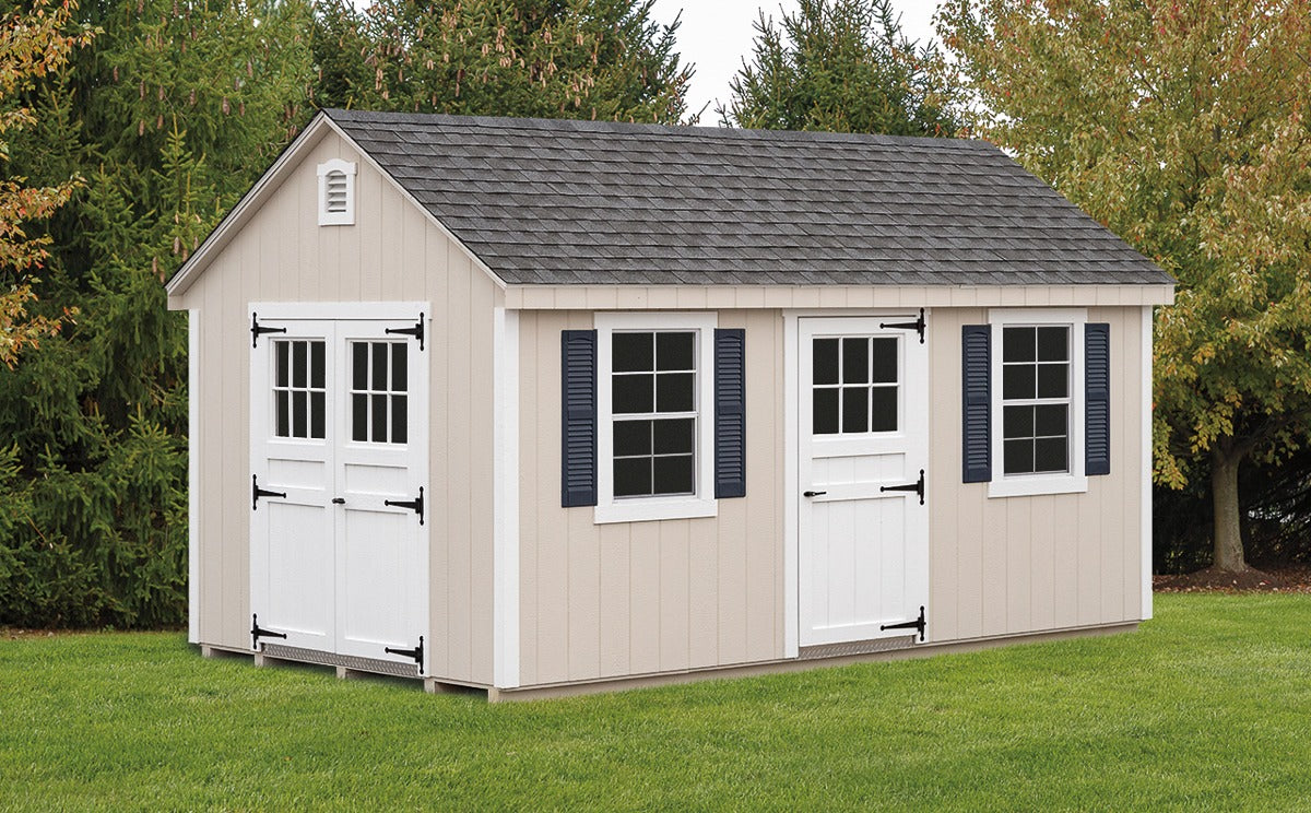 Heritage Deluxe Shed: deluxe tool shed with three doors and windows with shutters. Manufacturer example configuration; optional features may be shown.