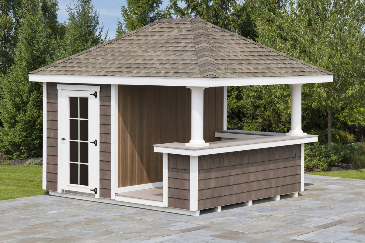 Heritage Limerick Pool Shed: enclosed storage area beside a covered serving counter. Manufacturer example configuration; optional features may be shown.