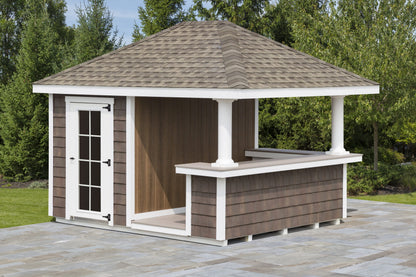 Heritage Limerick Pool Shed: enclosed storage area beside a covered serving counter. Manufacturer example configuration; optional features may be shown.