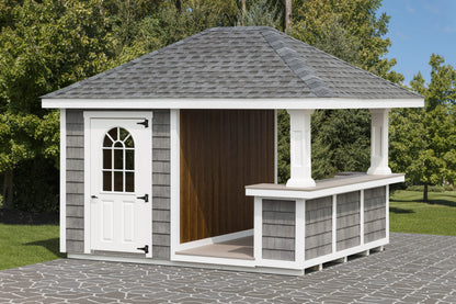 Heritage Limerick Pool Shed: alternate door configuration with an arched-glass door beside the covered counter. Manufacturer example configuration; optional features may be shown.