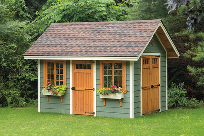Heritage Nantucket Shed: nantucket style garden shed with flower boxes and wooden doors. Manufacturer example configuration; optional features may be shown.