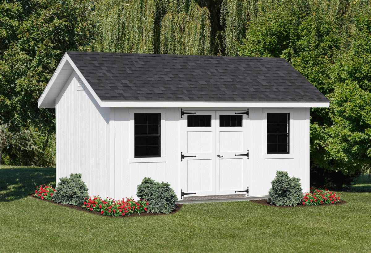 Heritage Nantucket Shed: all white shed with white double doors and windows with no trim. Manufacturer example configuration; optional features may be shown.