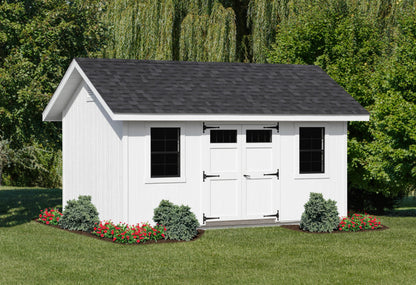 Heritage Nantucket Shed: all white shed with white double doors and windows with no trim. Manufacturer example configuration; optional features may be shown.