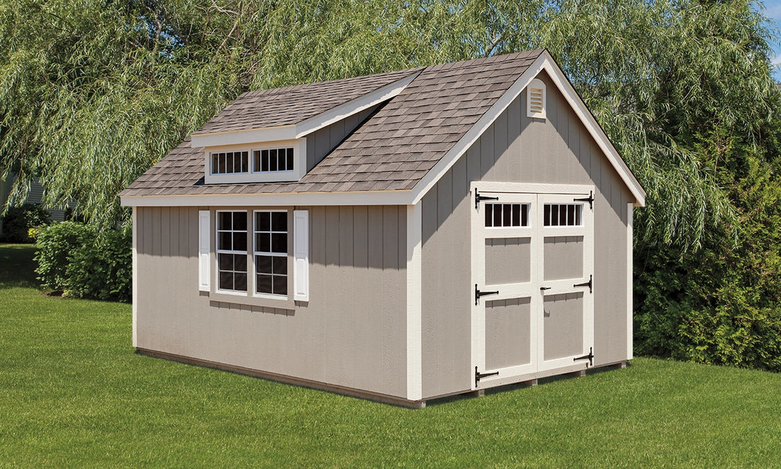 Heritage New England Shed: new england shed with double doors and transom windows. Manufacturer example; size, finish and optional features vary.