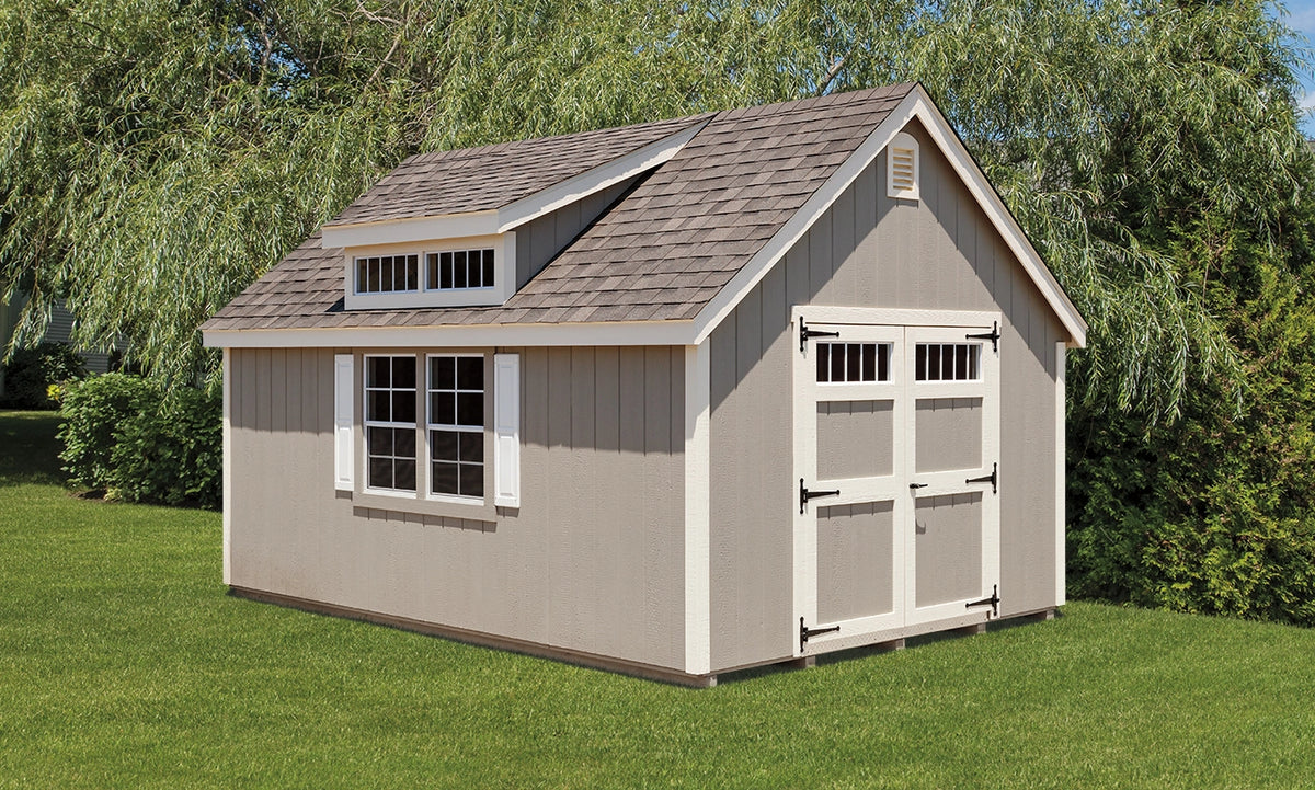 Heritage New England Shed: new england shed with double doors and transom windows. Manufacturer example configuration; optional features may be shown.