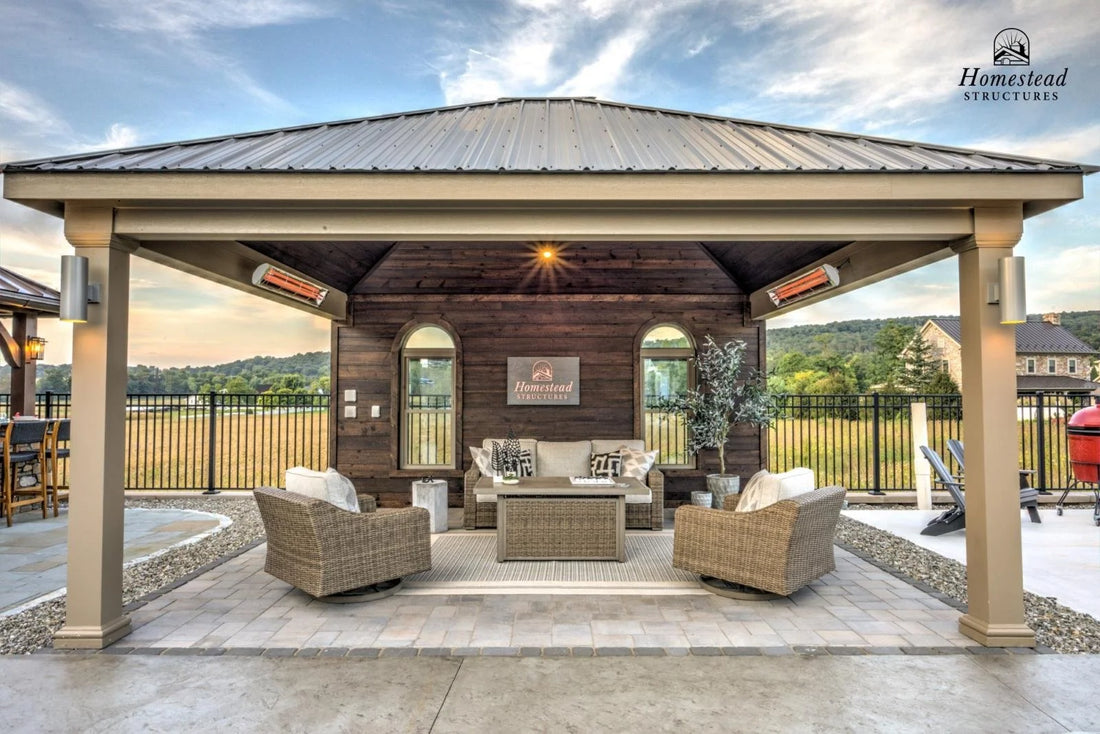 Homestead Structures Belmar Pavilion: Covered seating and rear wall detail. Manufacturer project example; layout, finishes and appliances are quoted separately.