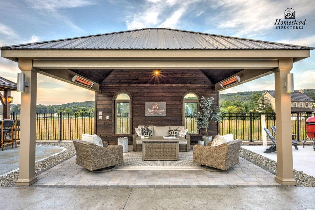 Homestead Structures Belmar Pavilion: Covered seating and rear wall detail. Manufacturer project example; furnishings, appliances and optional finishes are not confirmed inclusions.