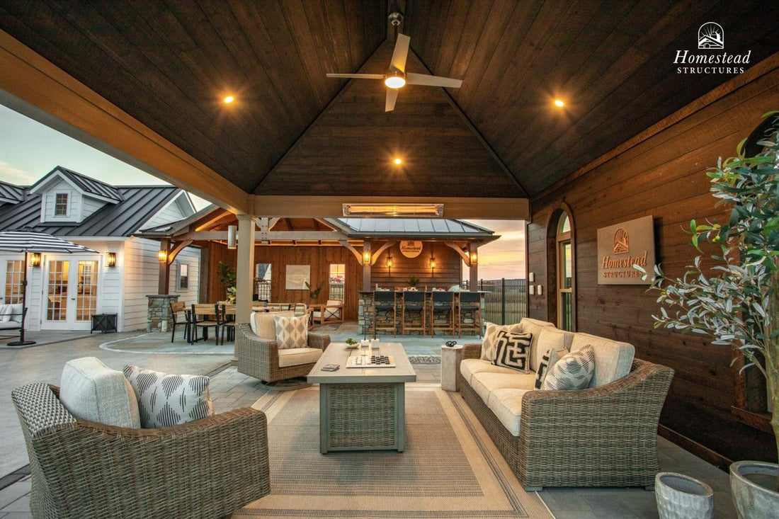 Homestead Structures Belmar Pavilion: Interior ceiling and evening setting. Manufacturer project example; layout, finishes and appliances are quoted separately.