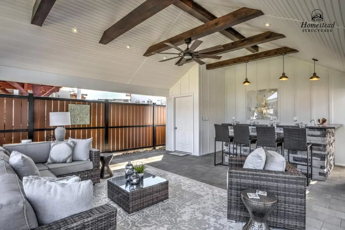Homestead Structures Custom Avalon Pool House: Vaulted ceiling and exposed beams. Manufacturer project example; layout, finishes and appliances are quoted separately.