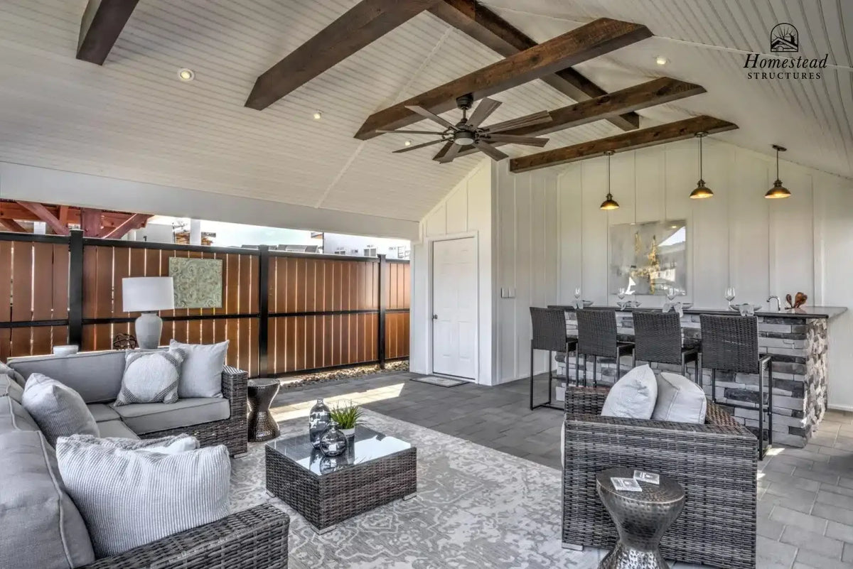 Homestead Structures Custom Avalon Pool House: Vaulted ceiling and exposed beams. Manufacturer project example; furnishings, appliances and optional finishes are not confirmed inclusions.
