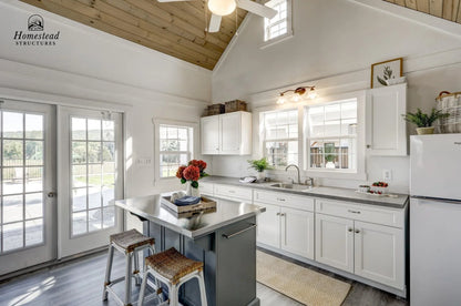Homestead Structures Liberty Pool House: Finished kitchen interior. Manufacturer project example; furnishings, appliances and optional finishes are not confirmed inclusions.