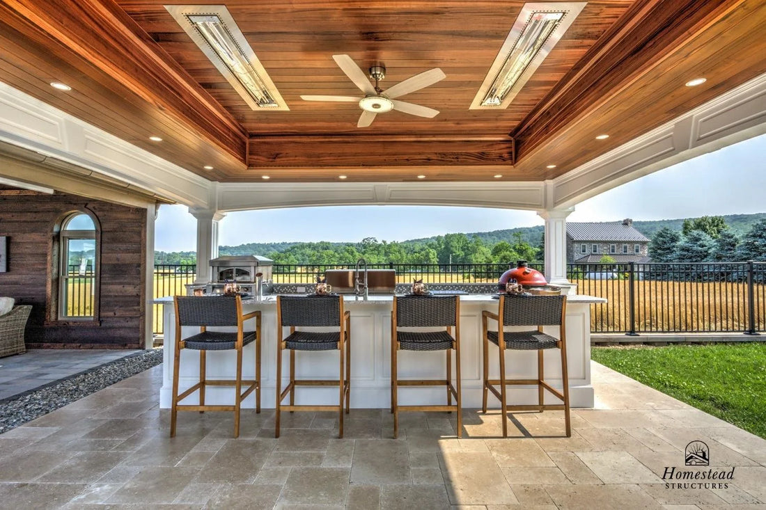 Homestead Structures Vintage Pavilion: Interior roof and covered kitchen example. Manufacturer project example; layout, finishes and appliances are quoted separately.