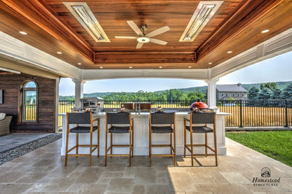 Homestead Structures Vintage Pavilion: Interior roof and covered kitchen example. Manufacturer project example; furnishings, appliances and optional finishes are not confirmed inclusions.