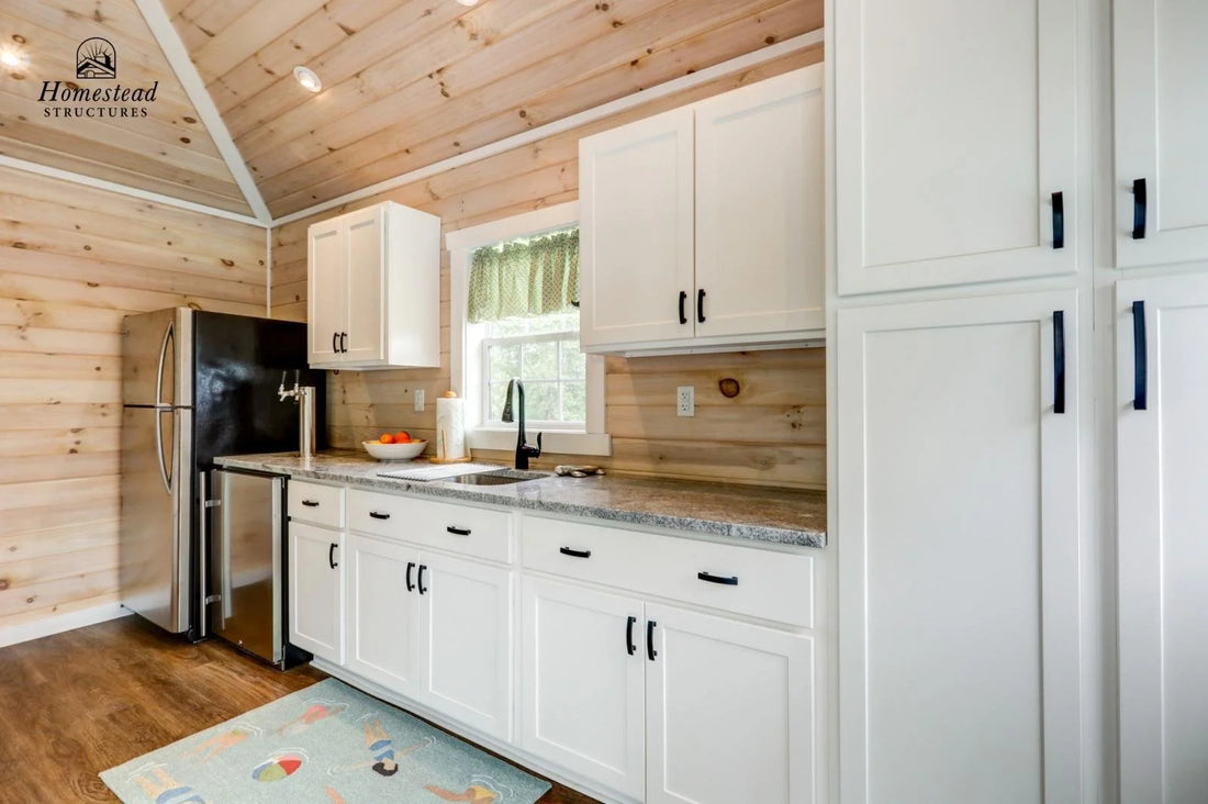 Homestead Structures Wellington Pool House: Optional finished kitchen interior. Manufacturer project example; layout, finishes and appliances are quoted separately.
