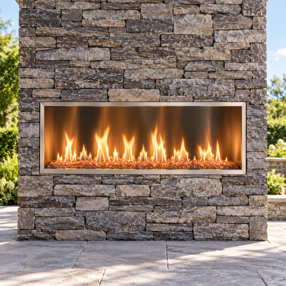 Outdoor Lifestyles Lanai ODLANAIG-48 full fireplace opening in an AI-staged stone outdoor installation; surround not included