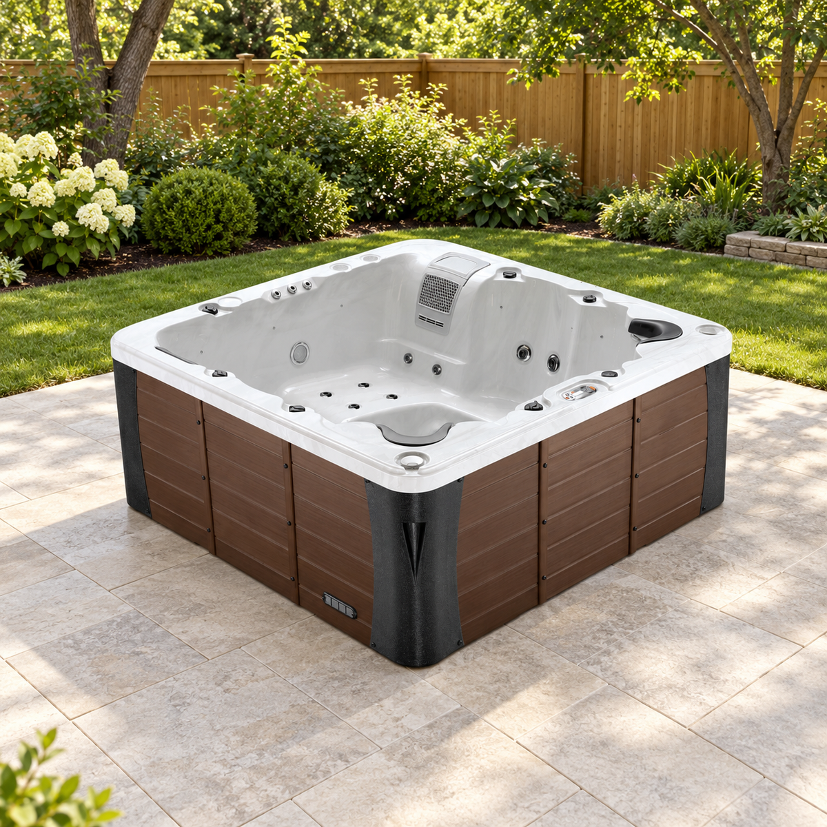 Liberty LYS6000 hot tub — staged backyard setting without people