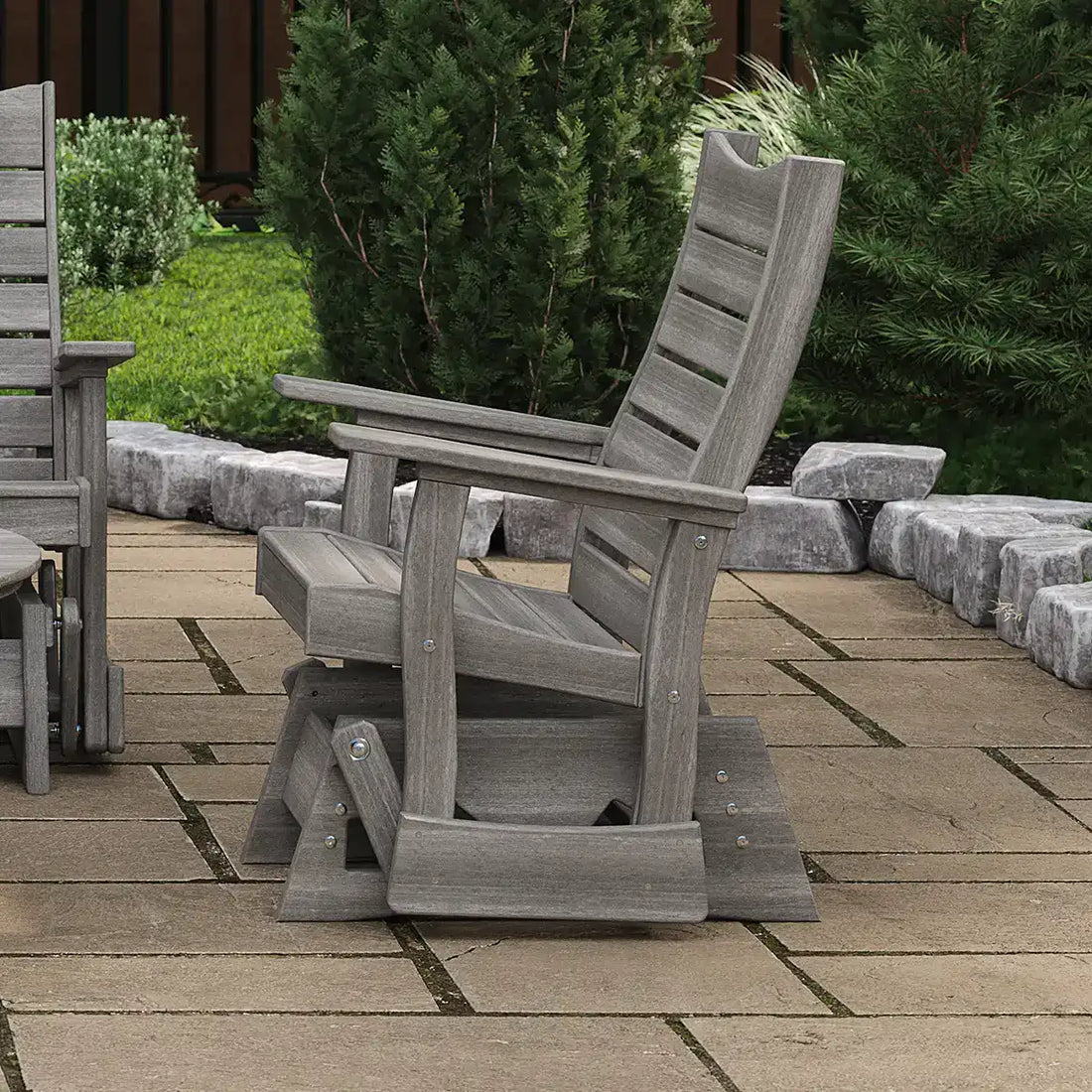 LuxCraft 2′ Contour Glider | 2COPG: Side view of the slatted back, armrest and glider base. Manufacturer finish example