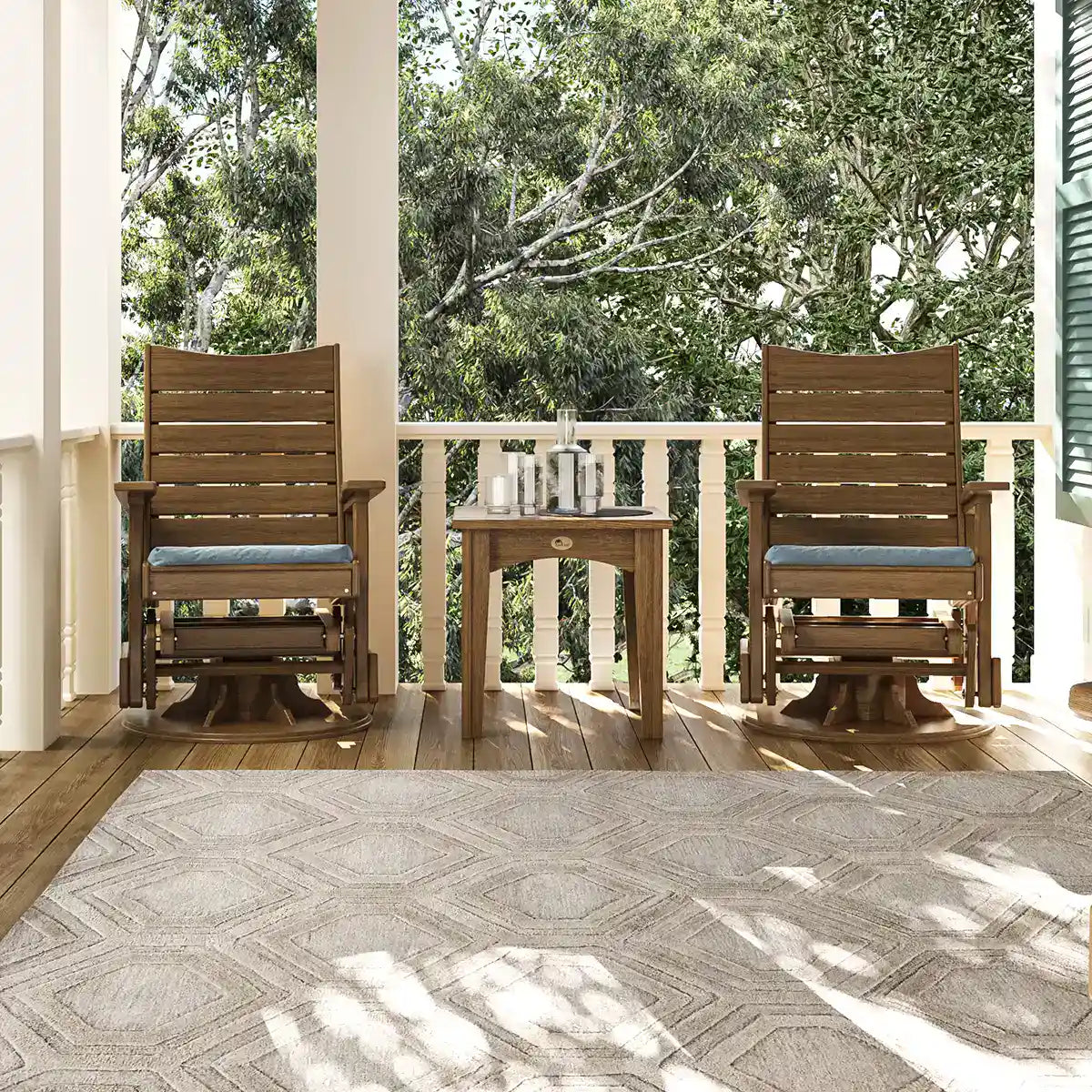 LuxCraft 2SCOPG, supplier porch setting showing the 2-foot Contour Swivel Glider in a two-tone woodgrain-look and dark finish. Manufacturer finish/configuration example; select the desired options separately. One chair is sold; the second chair, side table and decorative accessories shown are not included.