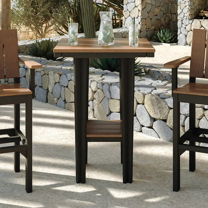 LuxCraft 30SBT, supplier patio view showing the square tabletop and tall square-leg base in a two-tone woodgrain-look and dark finish. Manufacturer finish/configuration example; select the desired options separately. Other furniture, throw pillows, blankets and decorative accessories are not included.