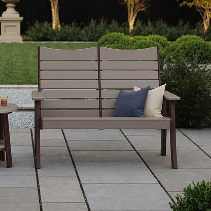 LuxCraft 4COPB, supplier front patio view of the 4-foot Contour Bench in a gray-toned finish. Manufacturer finish/configuration example; select the desired options separately. Other furniture, throw pillows, blankets and decorative accessories are not included.