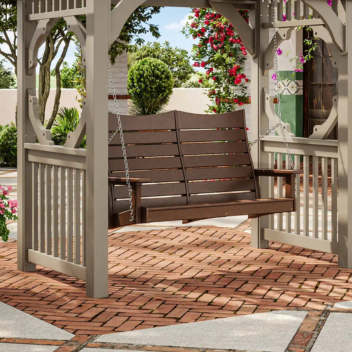 LuxCraft 4COPS, supplier gazebo setting of the 4-foot Contour Swing in a brown finish, suspended by chains. Manufacturer finish/configuration example; select the desired options separately. Supporting structure, blanket and decorative accessories are not included.
