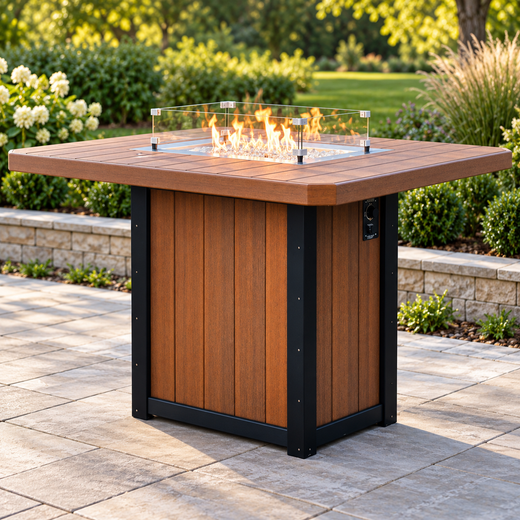 AI-styled full view of LuxCraft Lumin 62-inch rectangular fire table, Antique Mahogany and Black, counter height