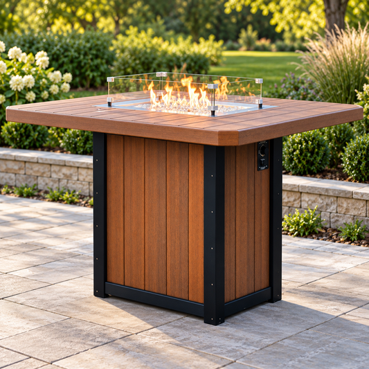 AI-styled full view of LuxCraft Lumin 62-inch rectangular fire table, Antique Mahogany and Black, counter height