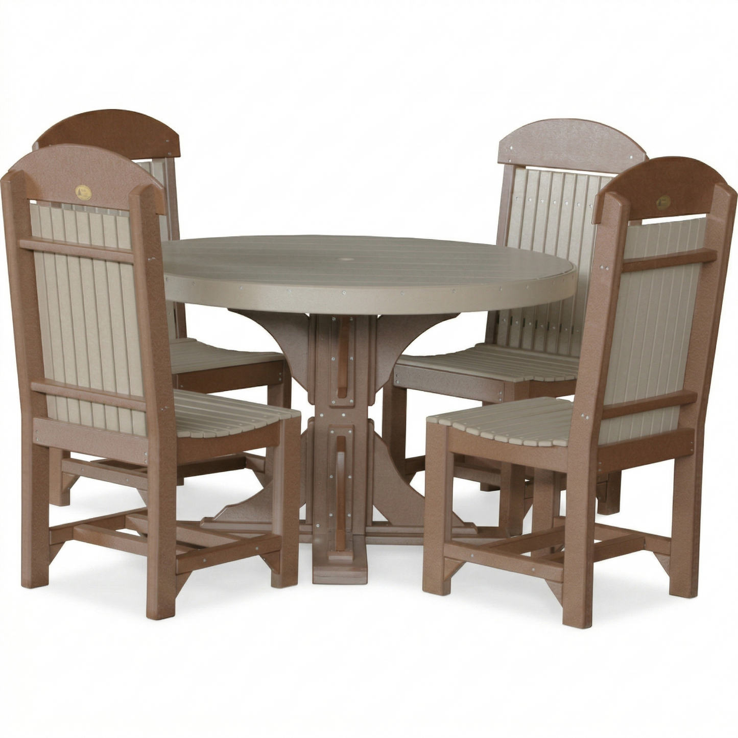 LuxCraft round outdoor dining table with four chairs