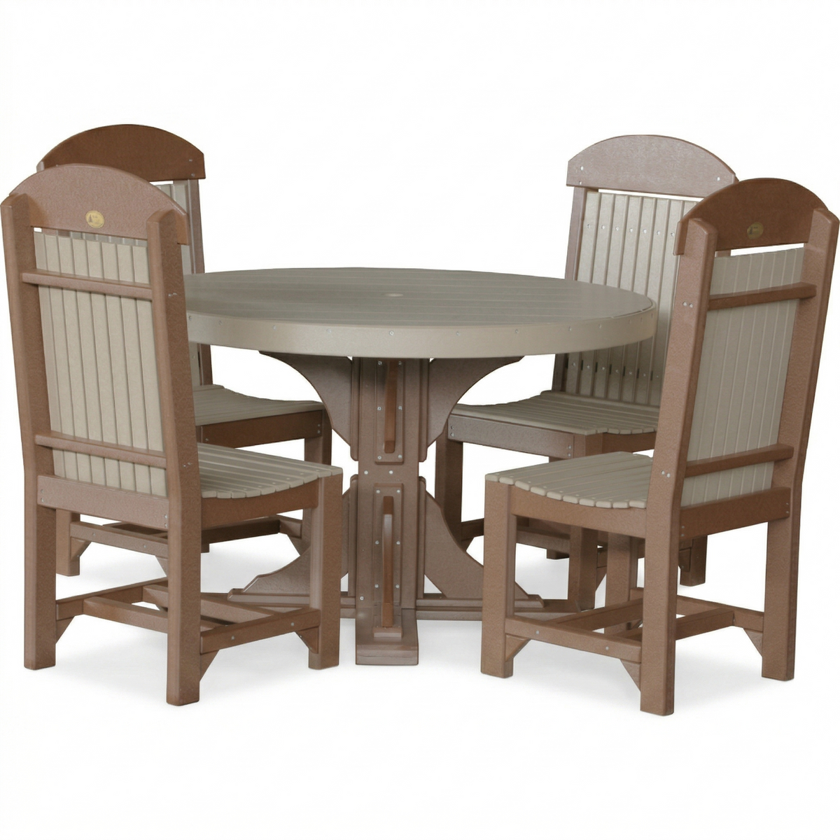 LuxCraft round outdoor dining table with four chairs