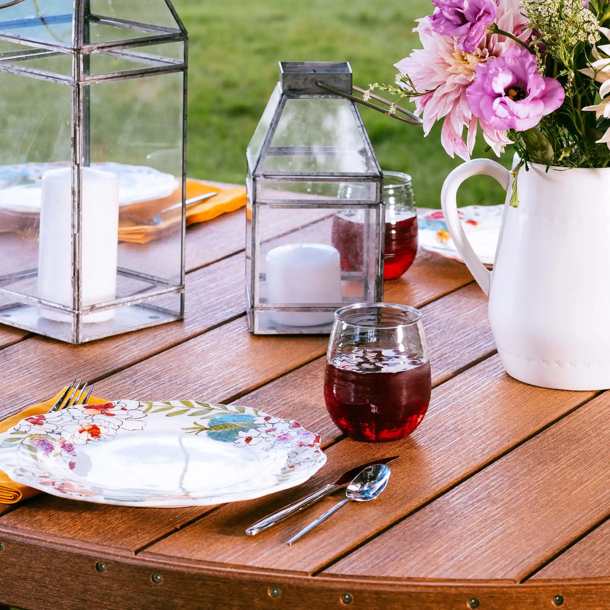 LuxCraft P46OT, supplier closeup of the woodgrain-look slatted oval tabletop. Manufacturer finish/configuration example; select the desired options separately. Other furniture, throw pillows, blankets and decorative accessories are not included.