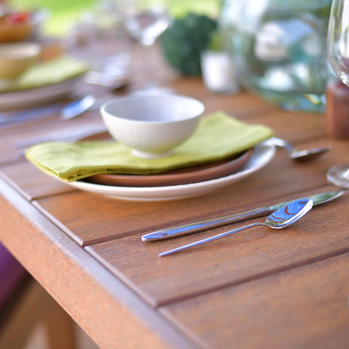 LuxCraft P46RT, supplier closeup of the woodgrain-look slatted rectangular tabletop and edge. Manufacturer finish/configuration example; select the desired options separately. Other furniture, throw pillows, blankets and decorative accessories are not included.