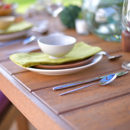 LuxCraft P46RT, supplier closeup of the woodgrain-look slatted rectangular tabletop and edge. Manufacturer finish/configuration example; select the desired options separately. Other furniture, throw pillows, blankets and decorative accessories are not included.
