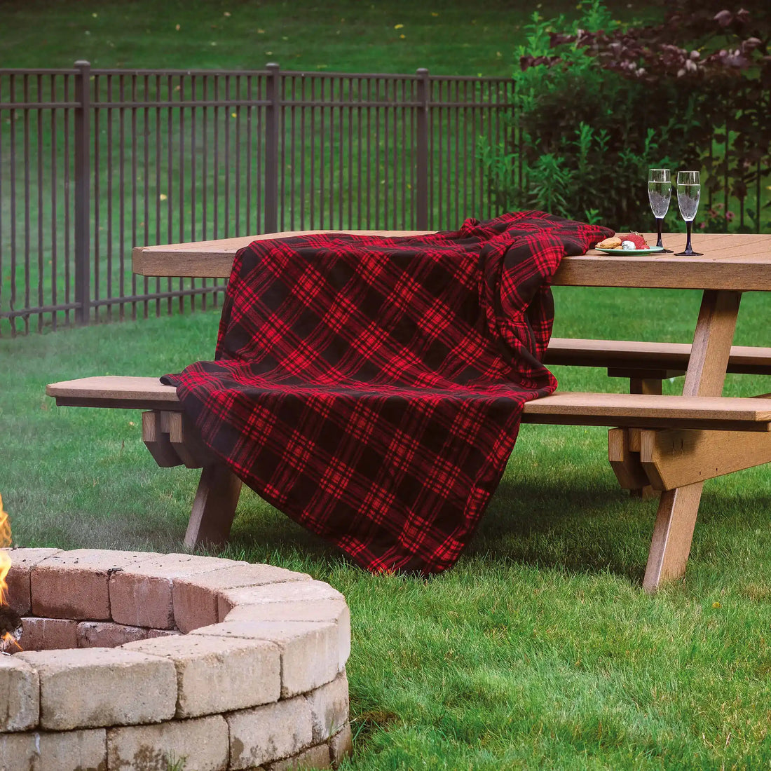 LuxCraft 6′ Rectangular Picnic Table | P6RPT: Long tabletop and integrated bench seating. Manufacturer finish example; tableware and decorative accessories not included