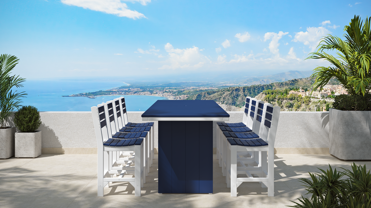 LuxCraft UDT310R 3 × 10 foot rectangular Urban Dining Table in Patriot Blue & White at Counter Height, official supplier lifestyle image. Pictured chairs and accessories are not included.