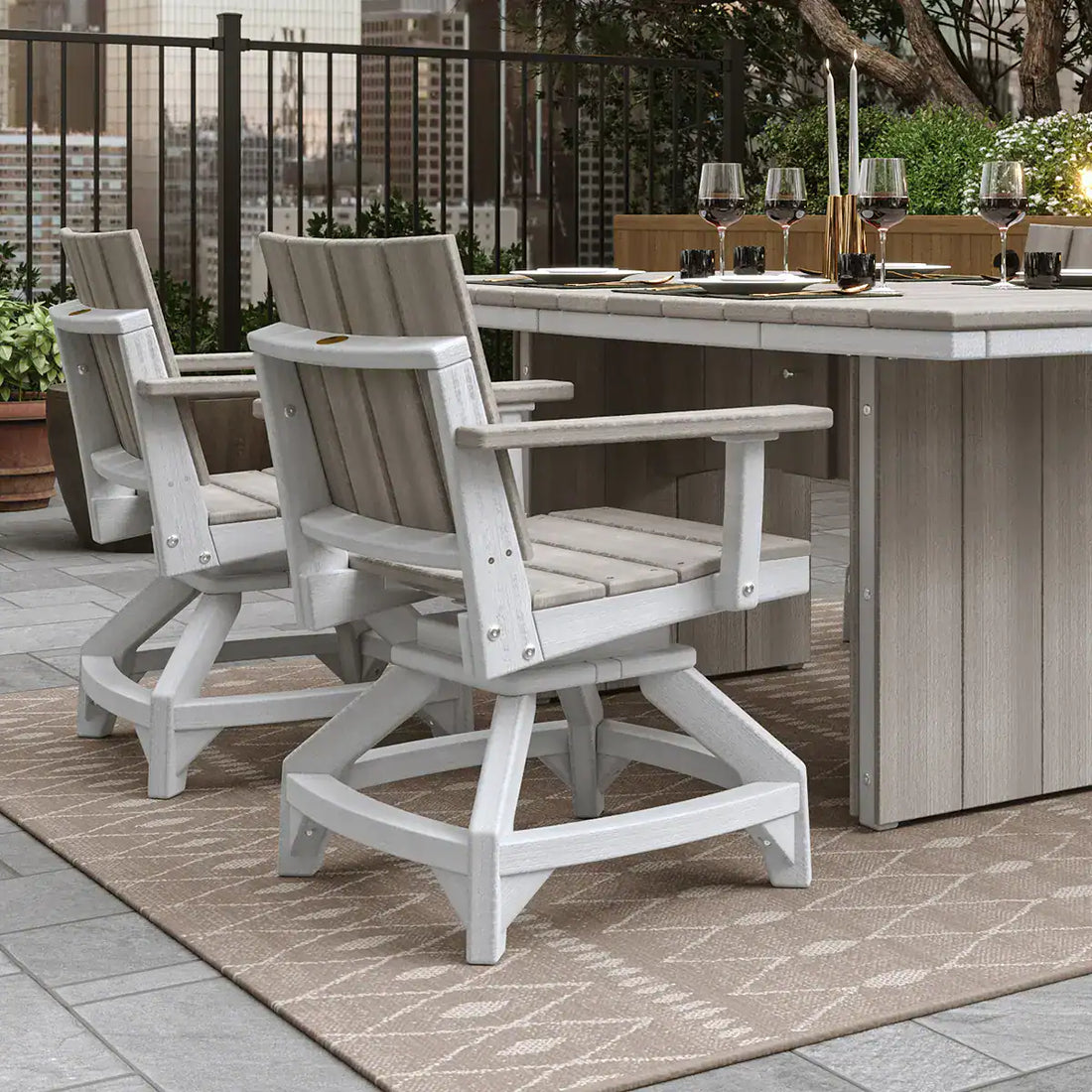 LuxCraft Urban Swivel Chair | USWC: Urban Swivel Chair in a manufacturer patio setting. Finish shown is an example; other pieces not included