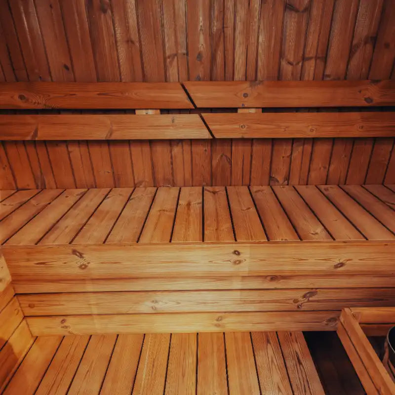 Mande Spa MW12 Outdoor Sauna — 2–3 Person: Interior bench layout; supplier example, final configuration and options subject to quote